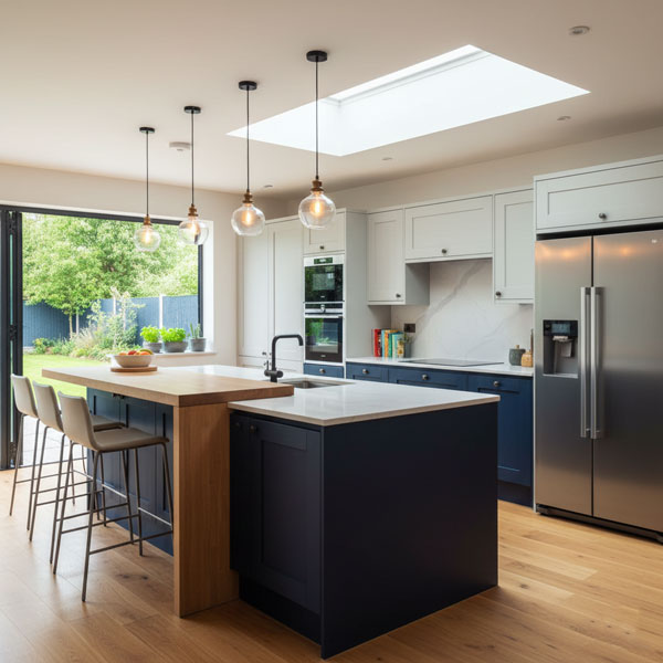 Bright, open-plan kitchen with white cabinetry, wooden accents, and a large central island for dining and preparation