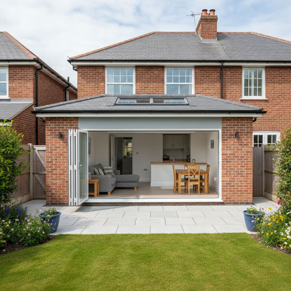 Contemporary house extension in West Sussex with large bi-fold doors, integrated kitchen island, and outdoor patio space at dusk.
