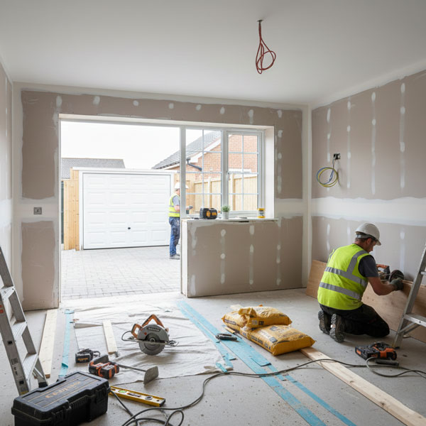 Finished garage conversion showing a new window, finished walls, and comfortable seating, highlighting the new functional space.
