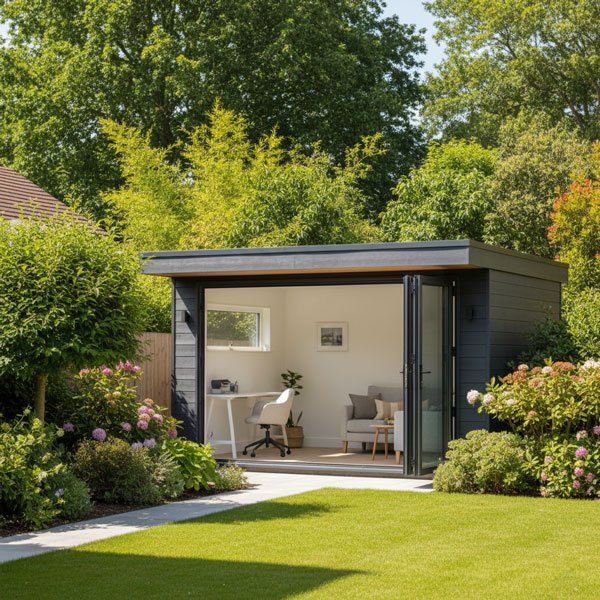 Stylish, modern garden room with wood cladding and large glass doors, suitable as a dedicated home office or studio space.