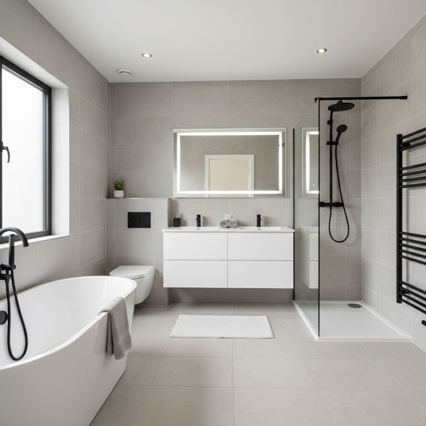 Stylish, contemporary bathroom refit featuring a glass walk-in shower enclosure, wall-mounted vanity, and grey tiling.