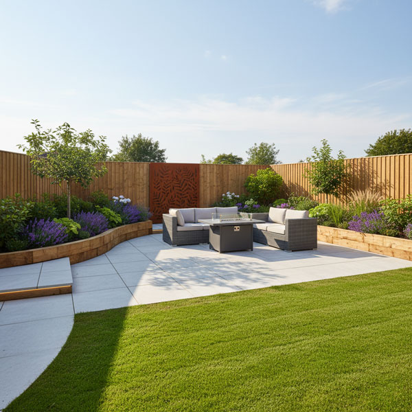 Modern garden patio and hard landscaping with paving stones and well-maintained lawn, perfect for outdoor living in West Sussex.